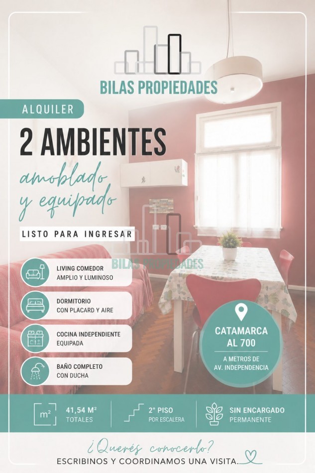 ALQUILER 2 AMBIENTES OPCIONAL AMOBLADO Y EQUIPADO 